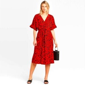 Who What Wear Red Animal Print Midi Dress-Size Large